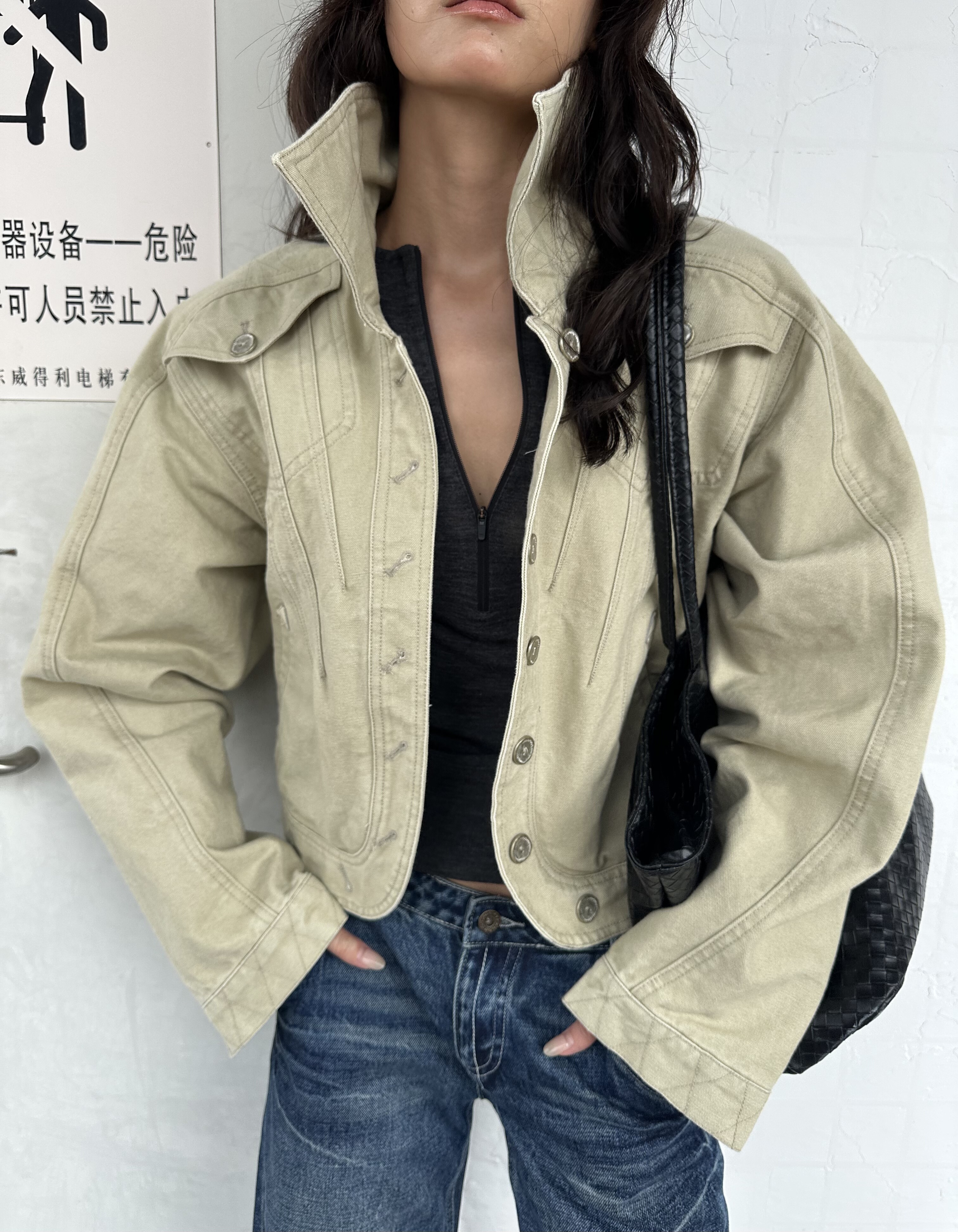 现 重工牛仔夹克 WEEEECHAN 沙卡水洗廓形收腰短款菱形格夹克