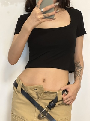 方领高弹莫代尔螺纹棉短板T恤