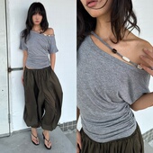 露肩条纹串珠短袖 nana同款 WEEEECHAN次日早晨 T恤女上衣