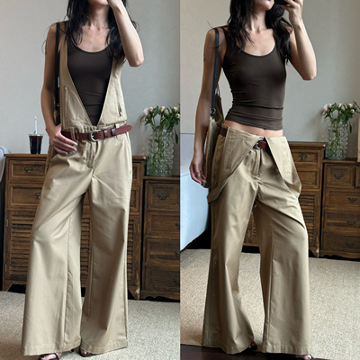 詹詹同款 WEEEECHAN次日早晨｜结构v型背带工装长裤 卡其色/黑色