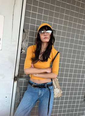 WEEEECHAN次日早晨 ｜撞边修身连帽针织中袖T恤 灰色/橙色