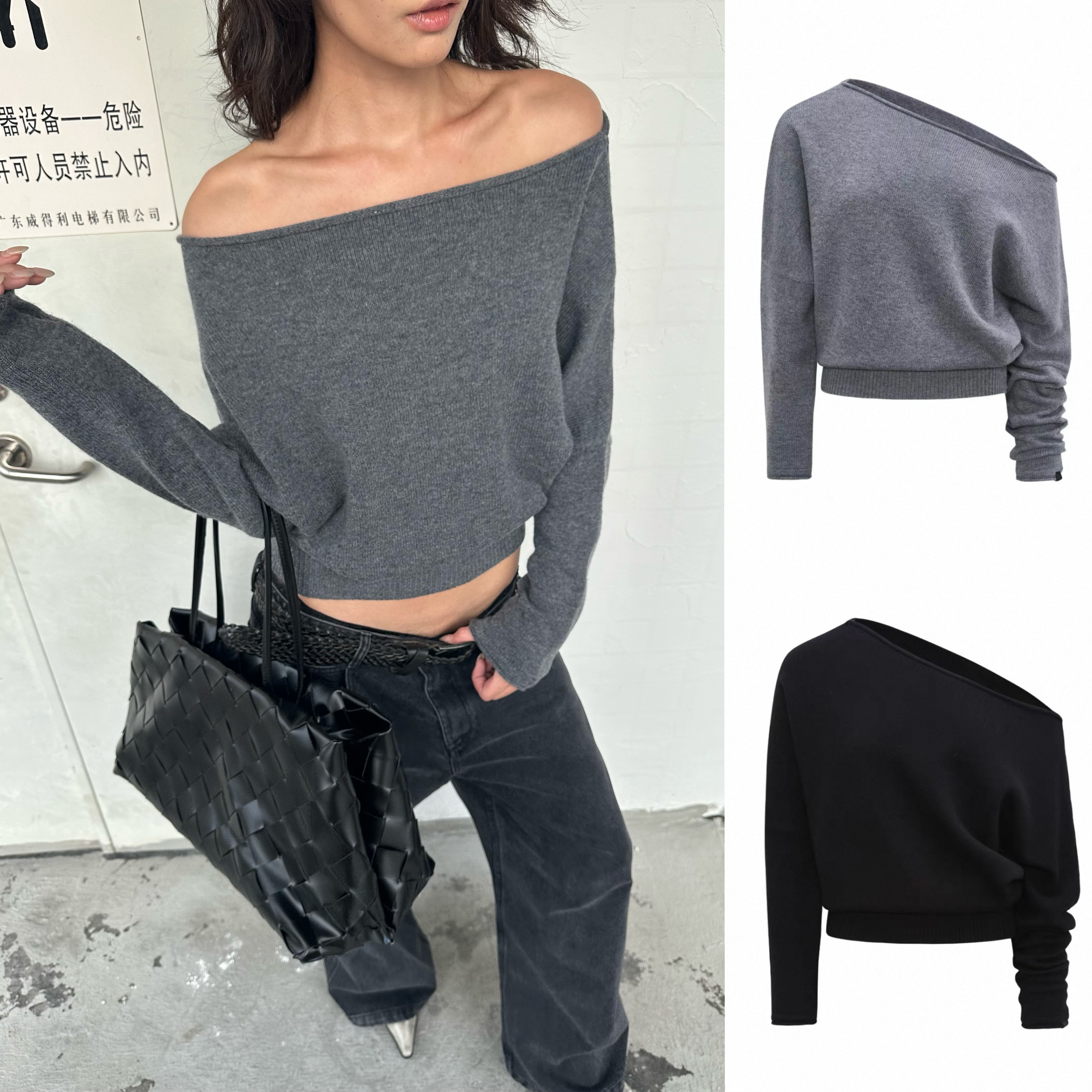 现货 还原100羊毛WEEEECHAN 轻松斜肩羊毛针织衫随性慵懒毛衣