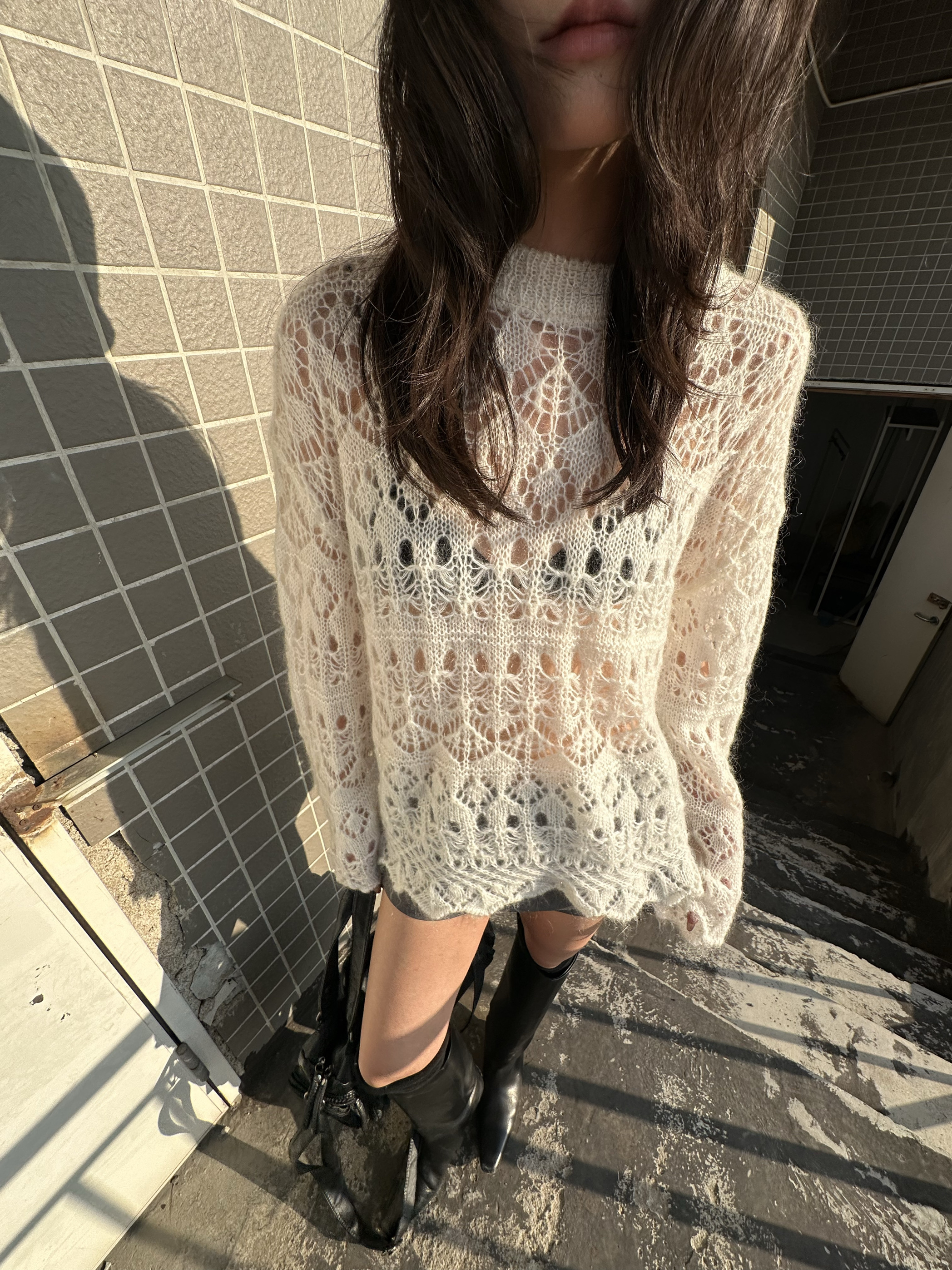 W.EEEECHAN 次日早晨 盈暖马海毛羊驼纱镂空肌理廓形针织罩衫毛衣