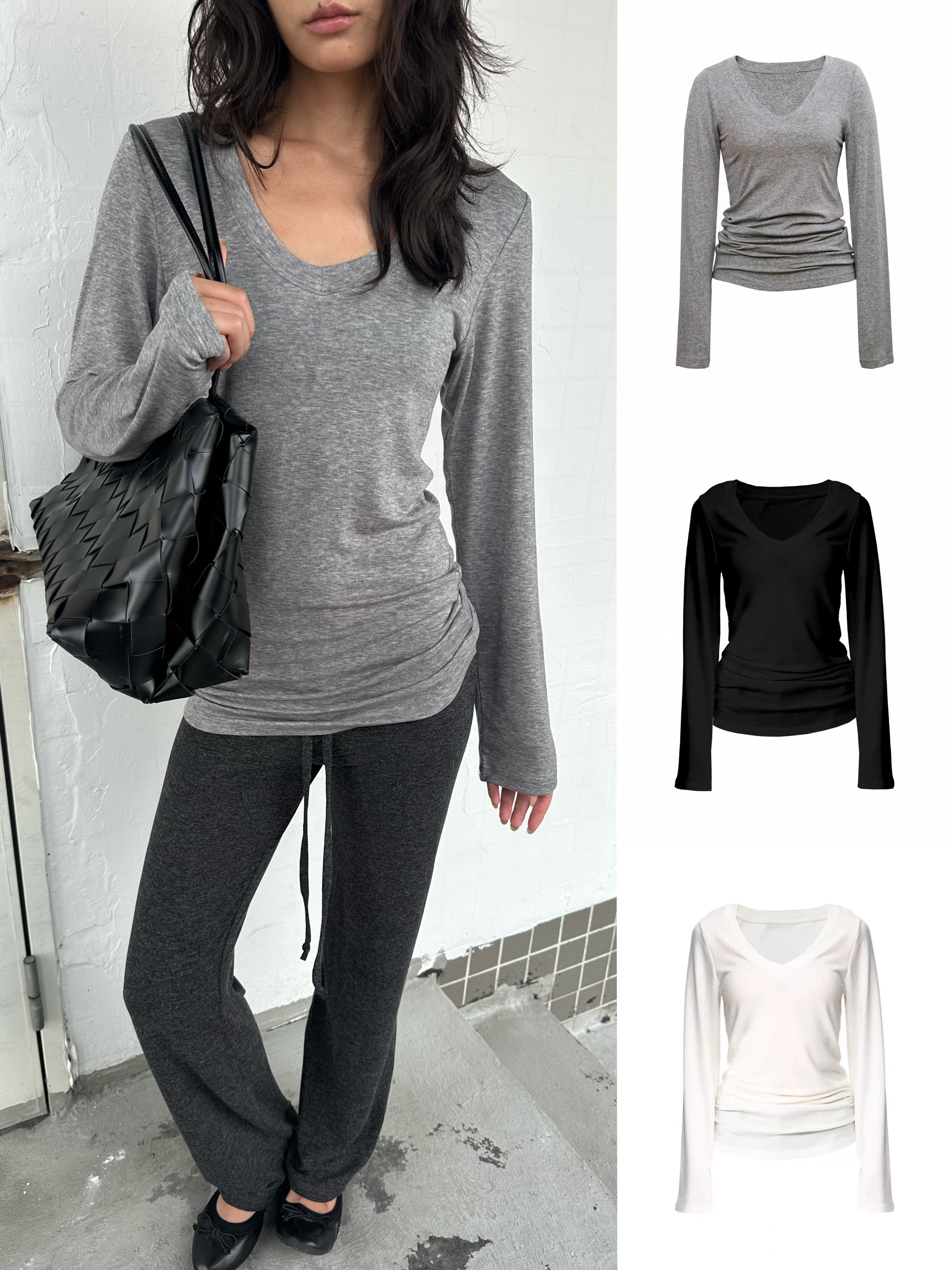 现货 必入 WEEEECHAN  打底轻薄V领天丝羊毛收腰显瘦长袖堆叠t恤