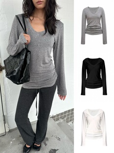 现货 必入 WEEEECHAN  打底轻薄V领天丝羊毛收腰显瘦长袖堆叠t恤