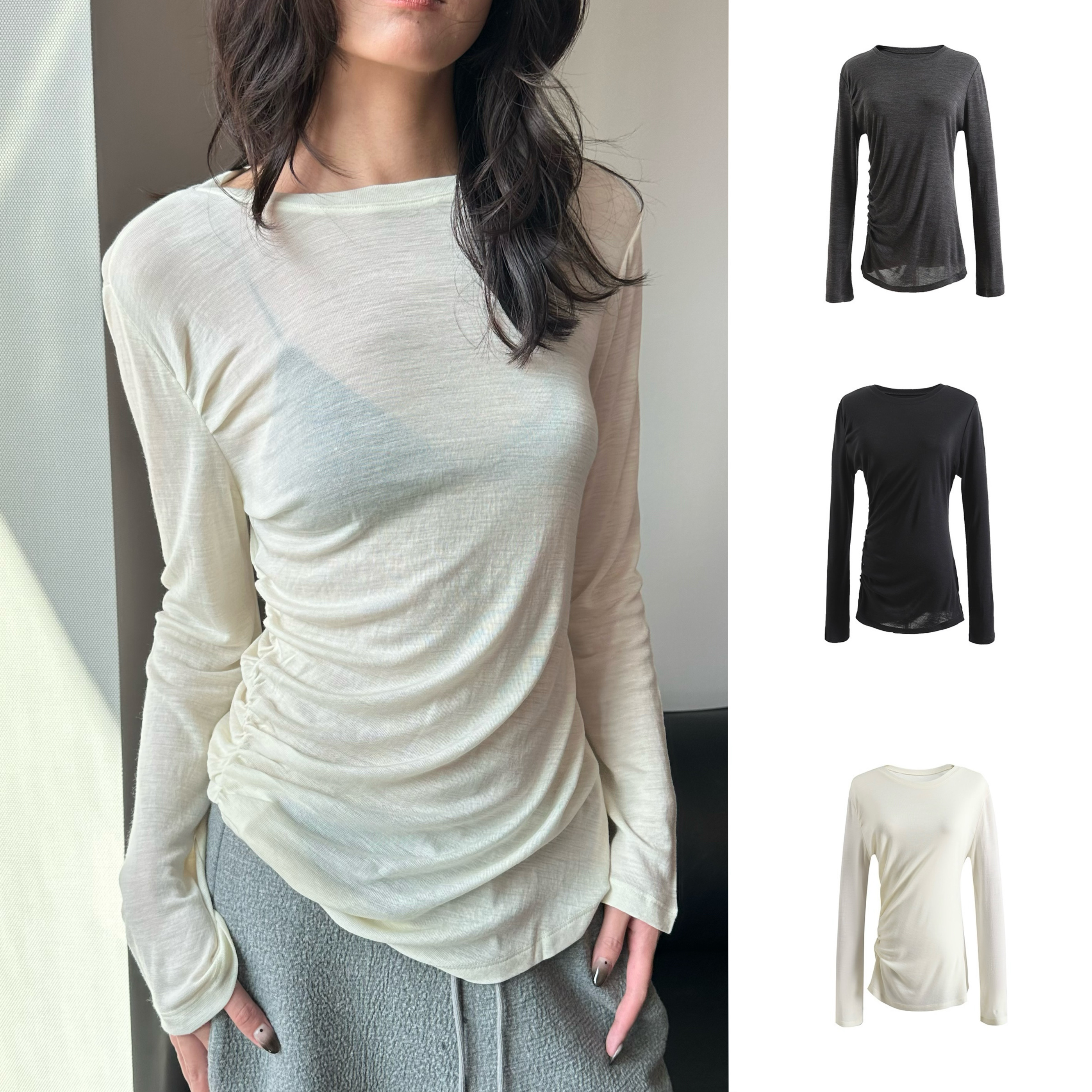 次日早晨 高品质 50澳洲羊毛 圆领羊毛修身抽褶上衣