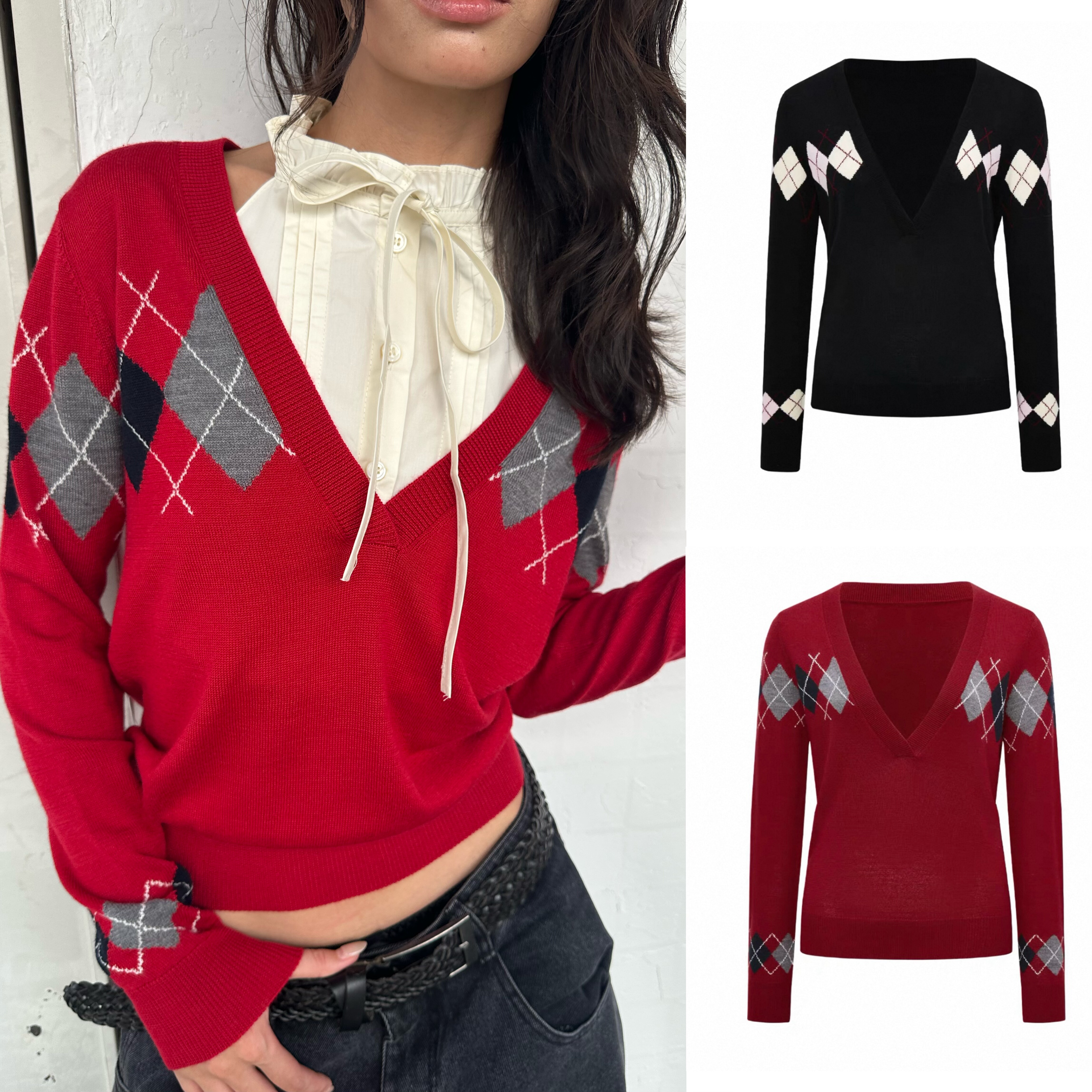 现货  WEEEECHAN次日早晨  深V领菱格纹毛衫 黑色/红色/灰色