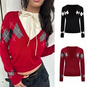 WEEEECHAN次日早晨 深V领菱格纹毛衫 黑色 现货 红色 灰色