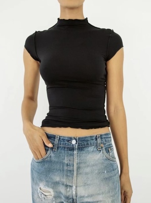 莫代尔棉高领木耳边修身短袖T恤