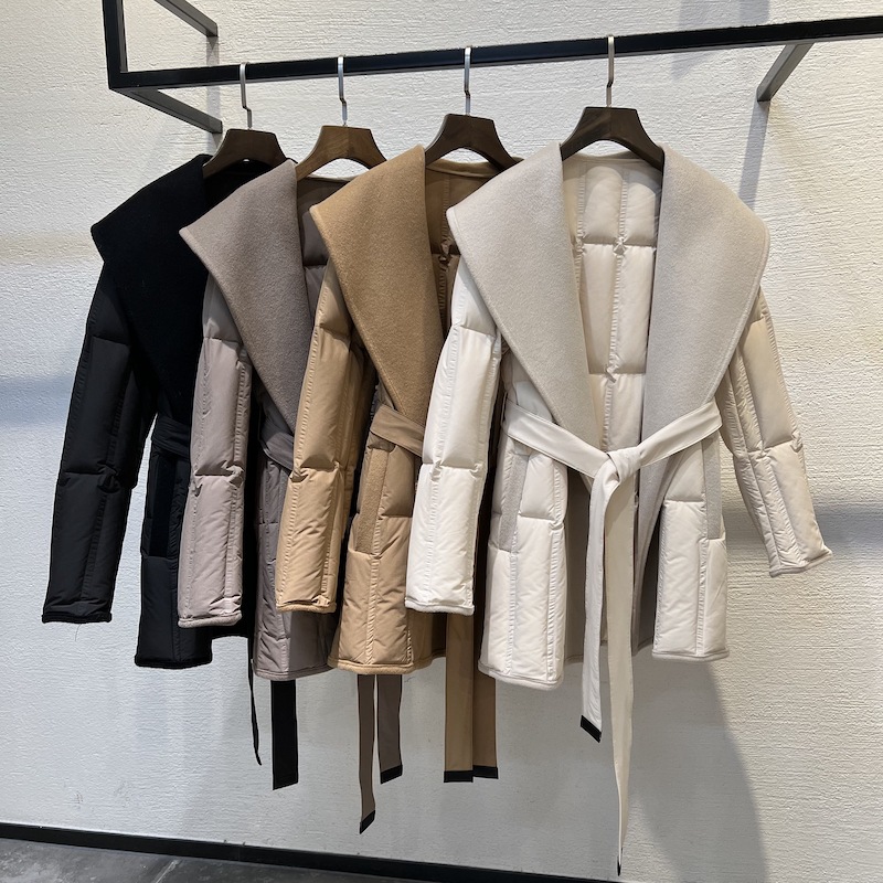 高级羊绒大衣拼接鹅绒轻薄羽绒服女短款加厚收腰系带秋冬气质外套