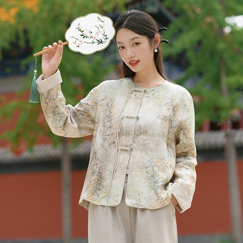 新中式女装2026秋季新款高端亚麻外套女中国风复古棉麻印花上衣