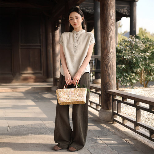 鹿与安笛天然亚麻t恤女短袖宽松