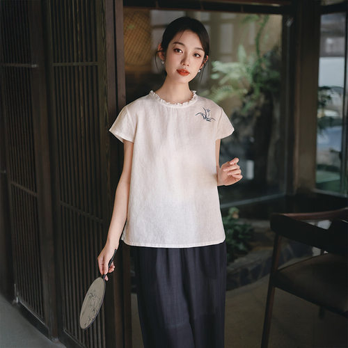 2026夏季新中式女装新款复古砂洗亚麻上衣女木耳边设计感短袖T恤