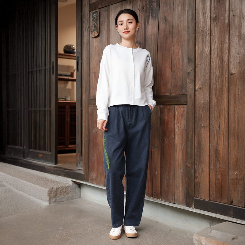 鹿与安笛2026秋季新款水洗棉宽松显瘦休闲裤女垂坠高腰收腿萝卜裤
