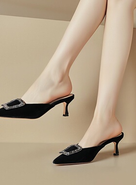 欧美女鞋34.35码新款丝绒真皮方扣尖头浅口包头细低跟小码拖鞋