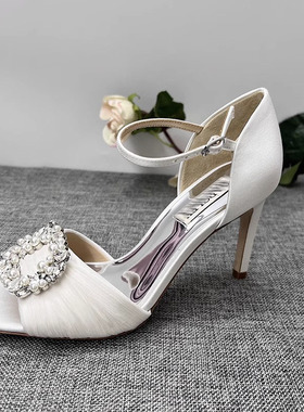 外贸女鞋38.39.40码绸面褶皱水钻露趾脚腕扣带高跟时装鞋浅色凉鞋