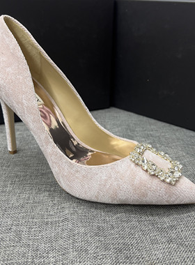 欧美高跟鞋42.43码丝绒印格方扣钻饰尖头浅口细跟时装鞋大码单鞋