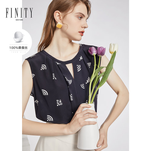FINITY真丝背心女夏装时尚宽松V领抽象印花无袖上衣外穿