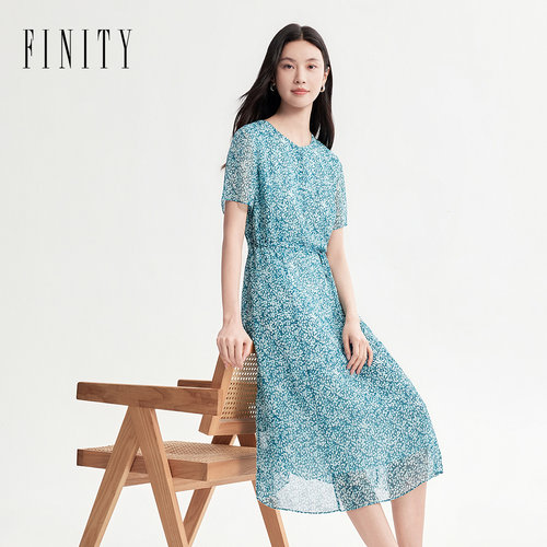 FINITY菲妮迪连衣裙2026年夏季新款简约蓝色印花优雅系带长裙女装