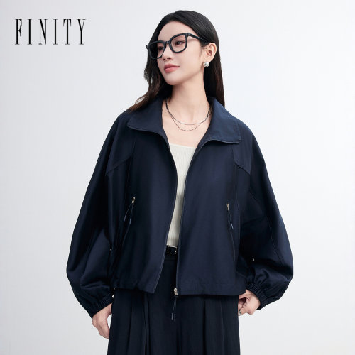 FINITY菲妮迪短外套2026秋新款真丝藏青翻领宽松通勤桑蚕丝上衣女