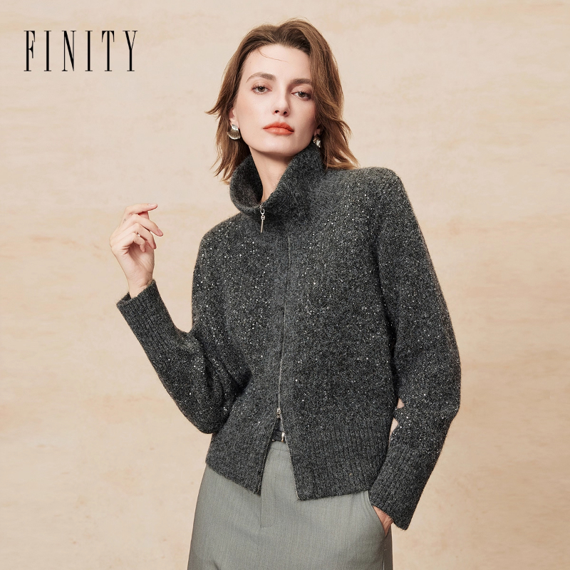 FINITY菲妮迪针织衫2025年冬季新款简约半高领双开门襟拉链上衣女