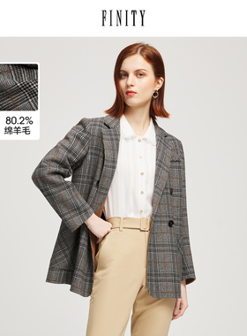 FINITY2023春装气质V领格纹西装女绵羊毛休闲修身职业外套女