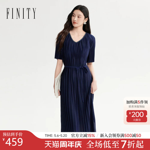 菲妮迪夏季V领名媛短袖连衣裙