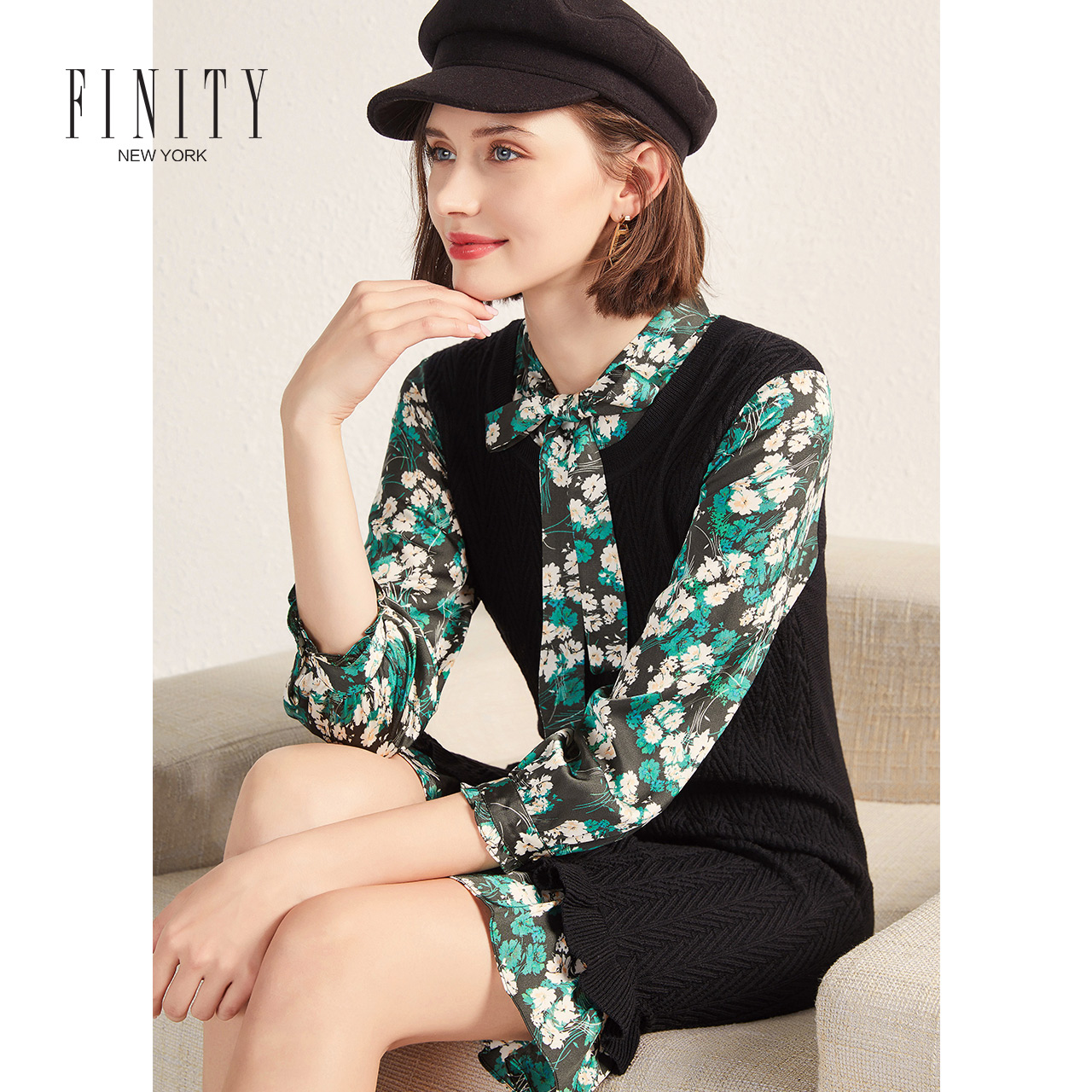 FINITY春款女装流行裙子女中长款拼接羊毛针织连衣裙