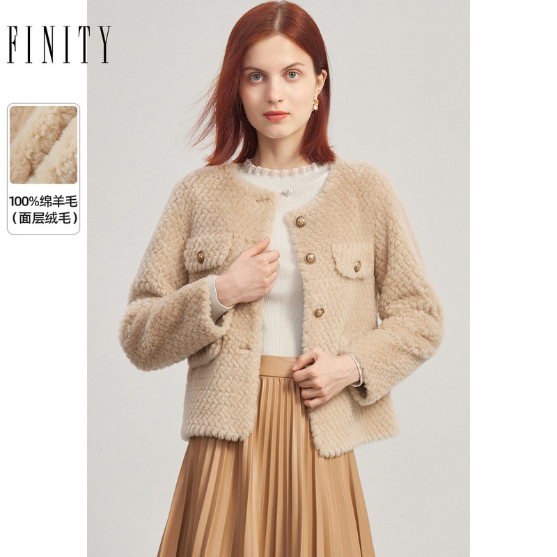 FINITY小香风皮草2023冬季驼色绵羊毛名媛气质保暖外套女