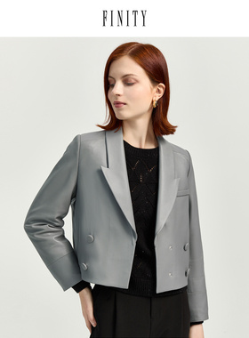 FINITY2023春装短款V领皮衣女宽松小众减龄时尚机车风外套