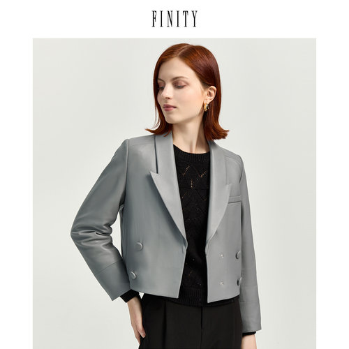 FINITY2023春装短款V领皮衣女宽松小众减龄时尚机车风外套