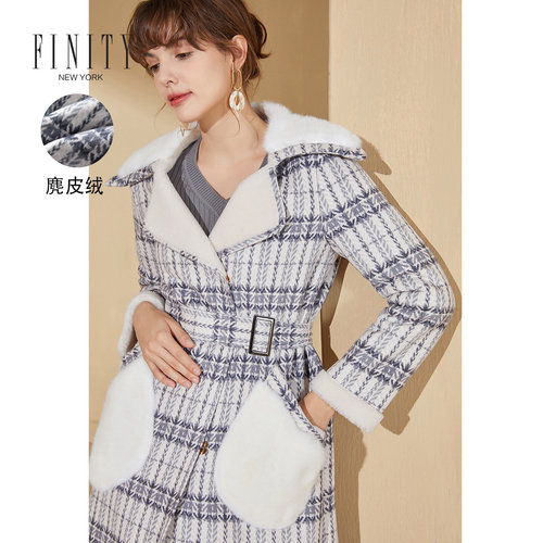 FINITY外套女冬休闲中长款麂皮绒羊剪毛系带格纹大衣