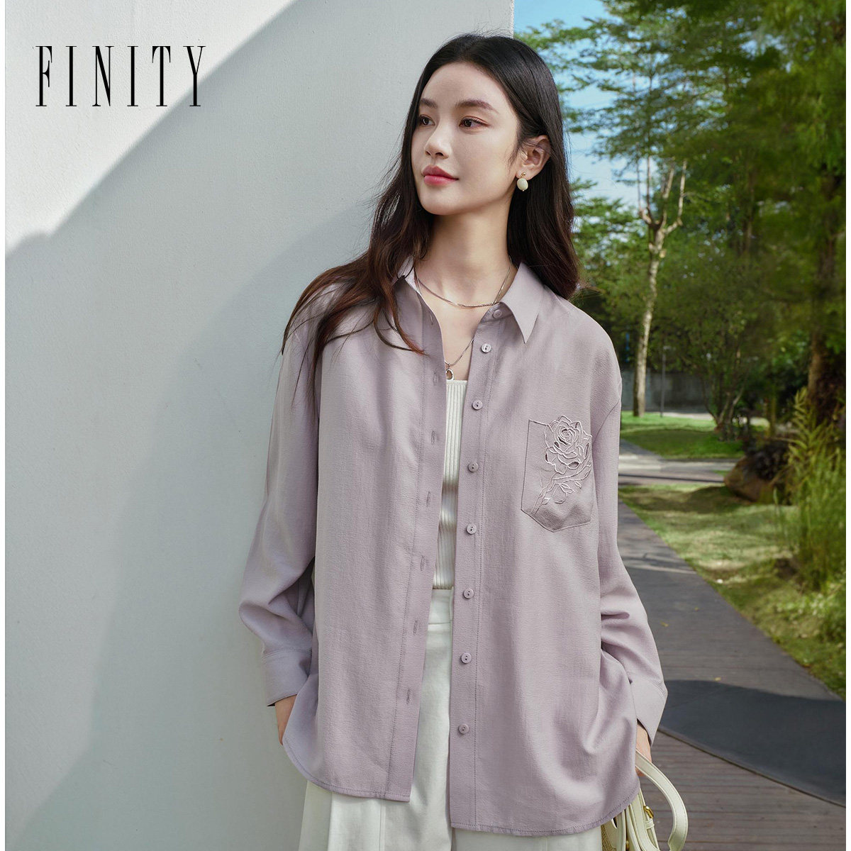FINITY菲妮迪衬衫2026春新款简约紫色刺绣休闲风衬衣外套上