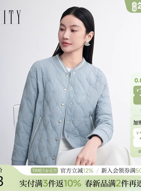 FINITY菲妮迪棉服棉袄2026春新款简约蓝色菱形短款圆领保暖外套女