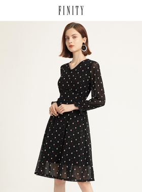 FINITY2023春装印花连衣裙女V领长袖显瘦中长款减龄裙子女