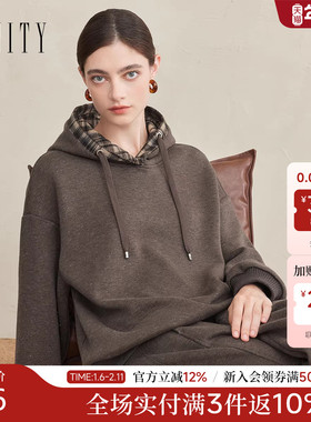 FINITY菲妮迪卫衣绒衫2025年冬季新款简约连帽咖啡色百搭上衣女士
