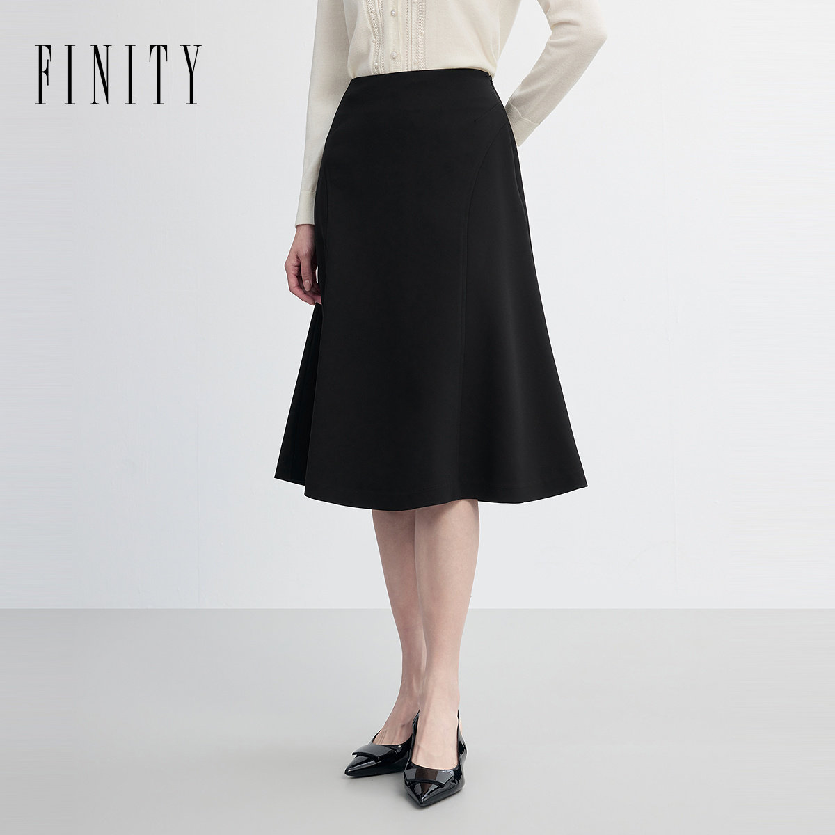 菲妮迪半身裙简约显瘦黑色荷叶边