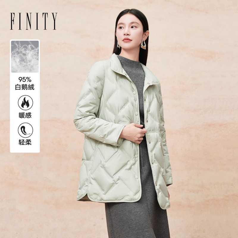 菲妮迪95白鹅绒羽绒服2025年冬季新款简约翻领中长款保暖外套女士