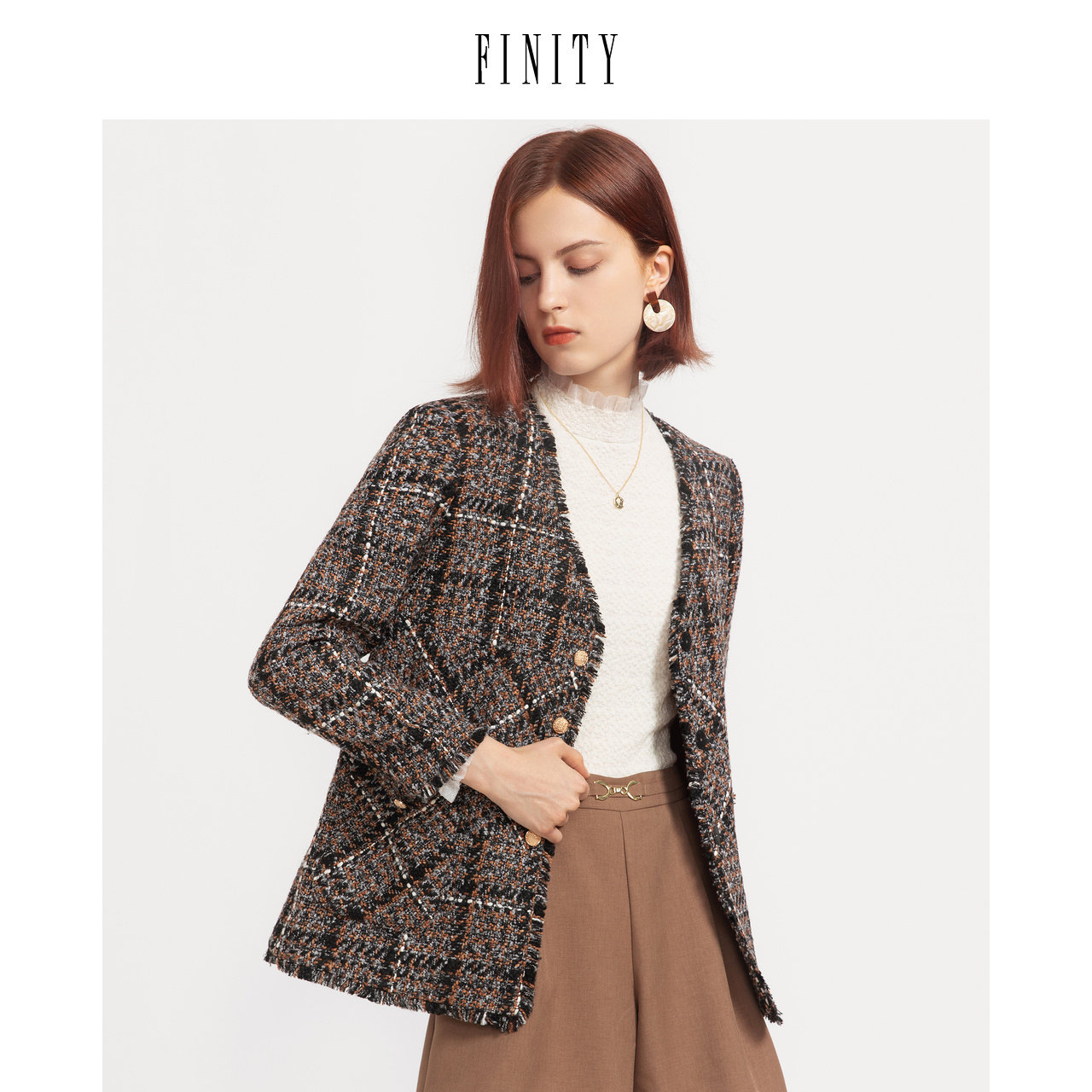 FINITY春装短外套女格子复古气质法式休闲长袖短款上衣