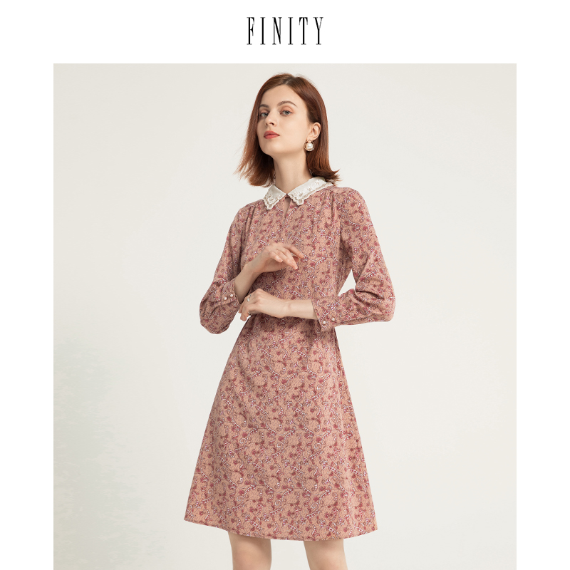 FINITY2023秋装高端名媛连衣裙女长袖女减龄显瘦中长款裙子