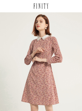 FINITY2023秋装高端名媛连衣裙女长袖女减龄显瘦中长款裙子