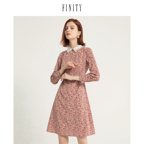 FINITY2023秋装高端名媛连衣裙女长袖女减龄显瘦中长款裙子