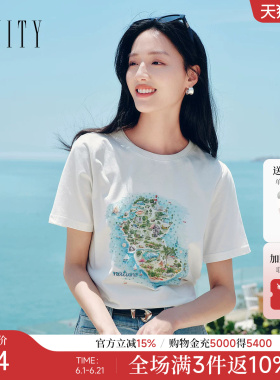 FINITY菲妮迪T恤2026年夏季新款简约圆领印花白色短袖上衣女装