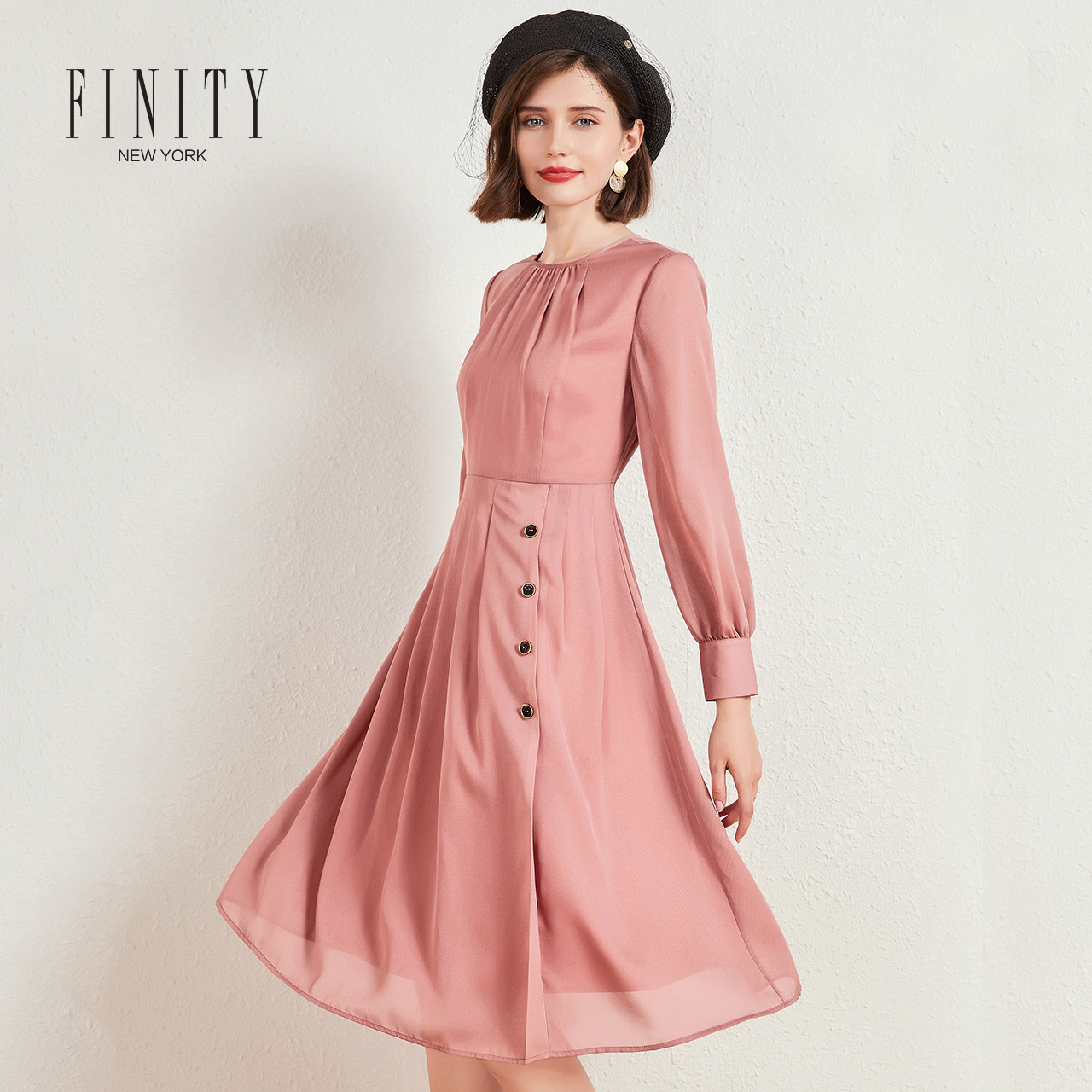 FINITY裙子秋装收腰仙女裙修身休闲法式流行女士连衣裙