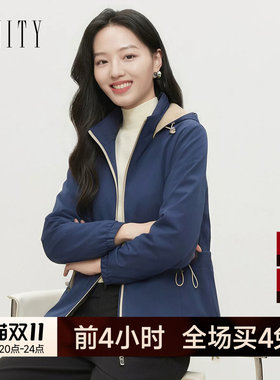 FINITY菲妮迪风衣2026秋季新款藏青连帽落肩袖修身通勤长袖外套女