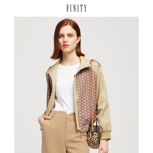 FINITY2023春装拼接印花风衣女宽松收腰小个子英伦风外套女