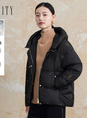 菲妮迪品牌90白鹅绒羽绒服2025冬季新款简约风气质连帽保暖外套女