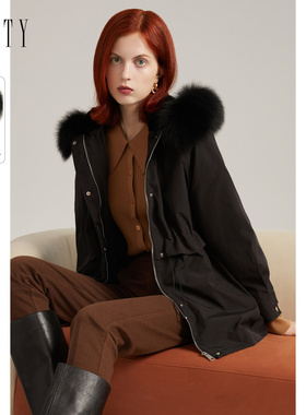 FINITY派克服冬季黑色狐狸毛领轻奢高端气质棉服外套女