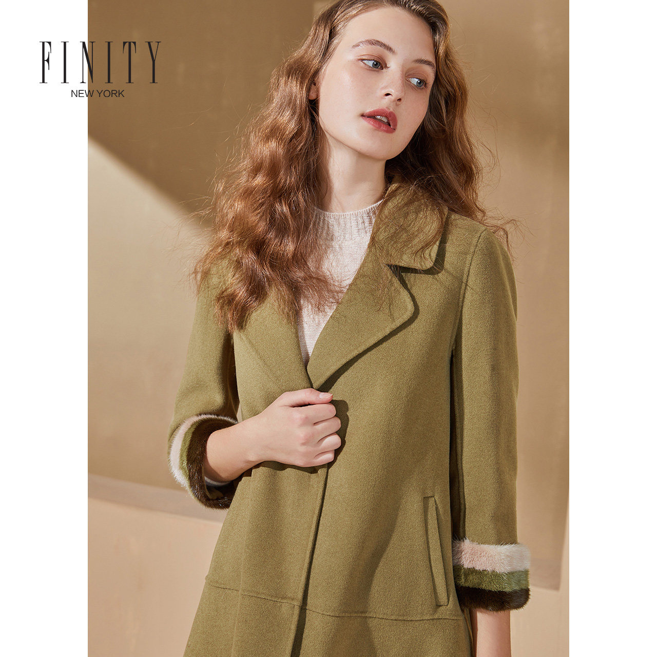 FINITY流行冬装宽松水貂毛拼接毛呢大衣法式中长款外套女