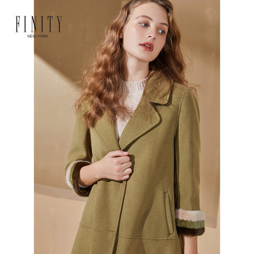 FINITY流行冬装宽松水貂毛拼接毛呢大衣法式中长款外套女